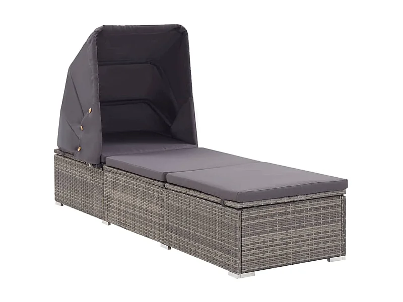Chaise longue avec auvent et coussin Résine tressée Gris
