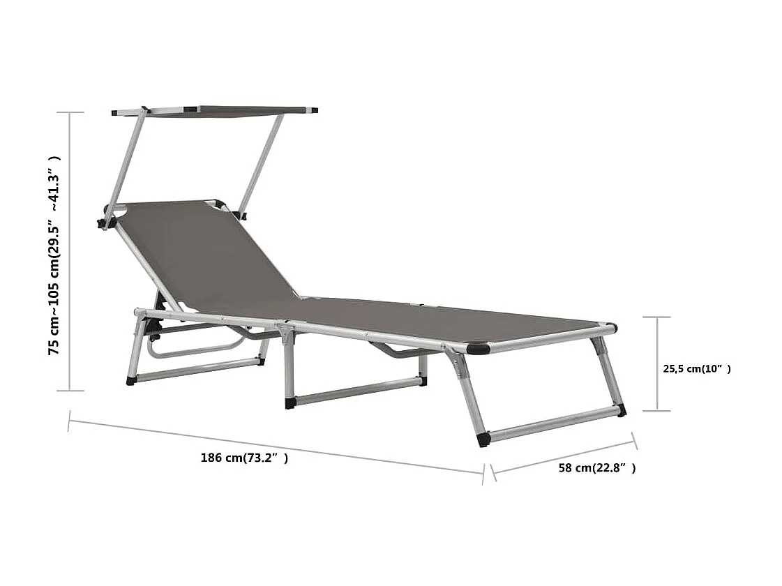 Chaise longue pliable avec auvent Aluminium et textilène Gris