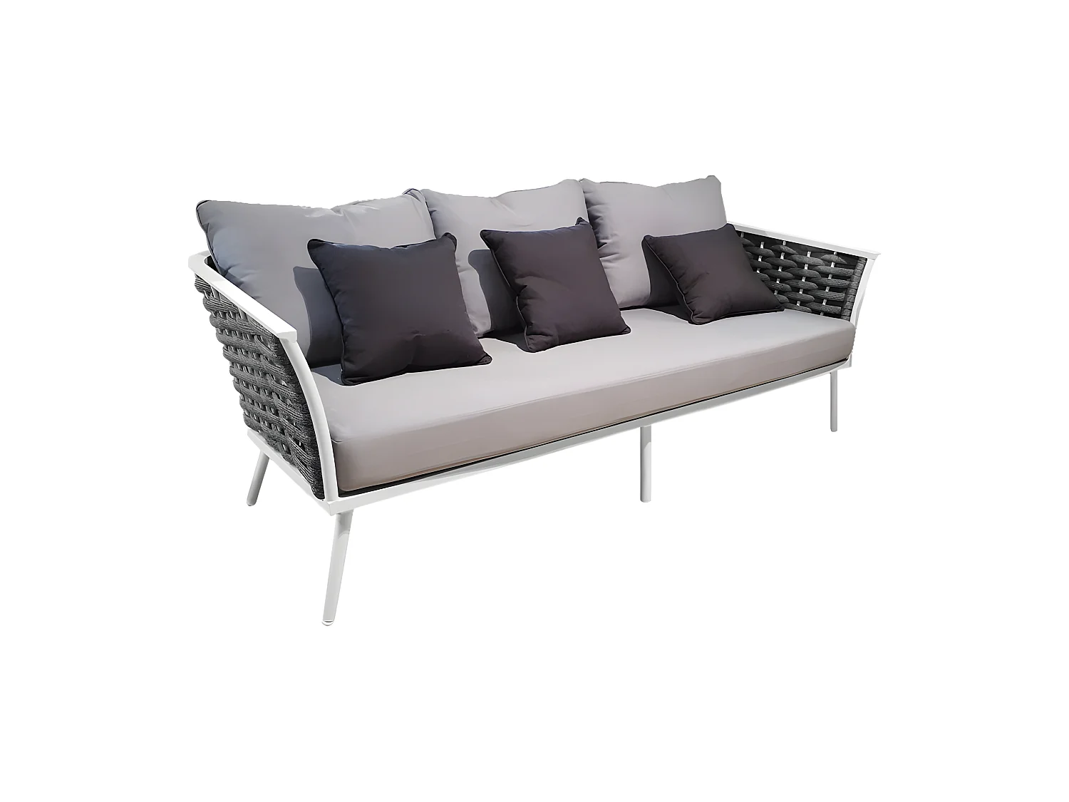 Canapé bas de jardin 3 places en aluminium blanc, tressage gris - RISE