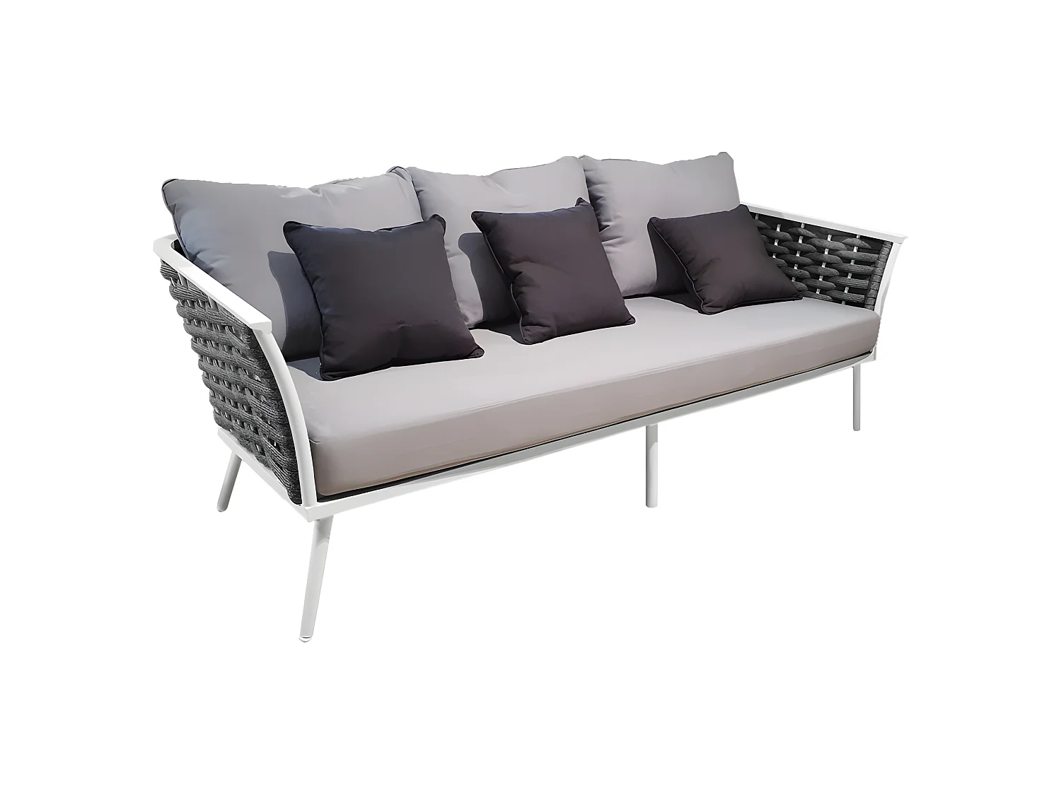 Canapé bas de jardin 3 places en aluminium blanc, tressage gris - RISE