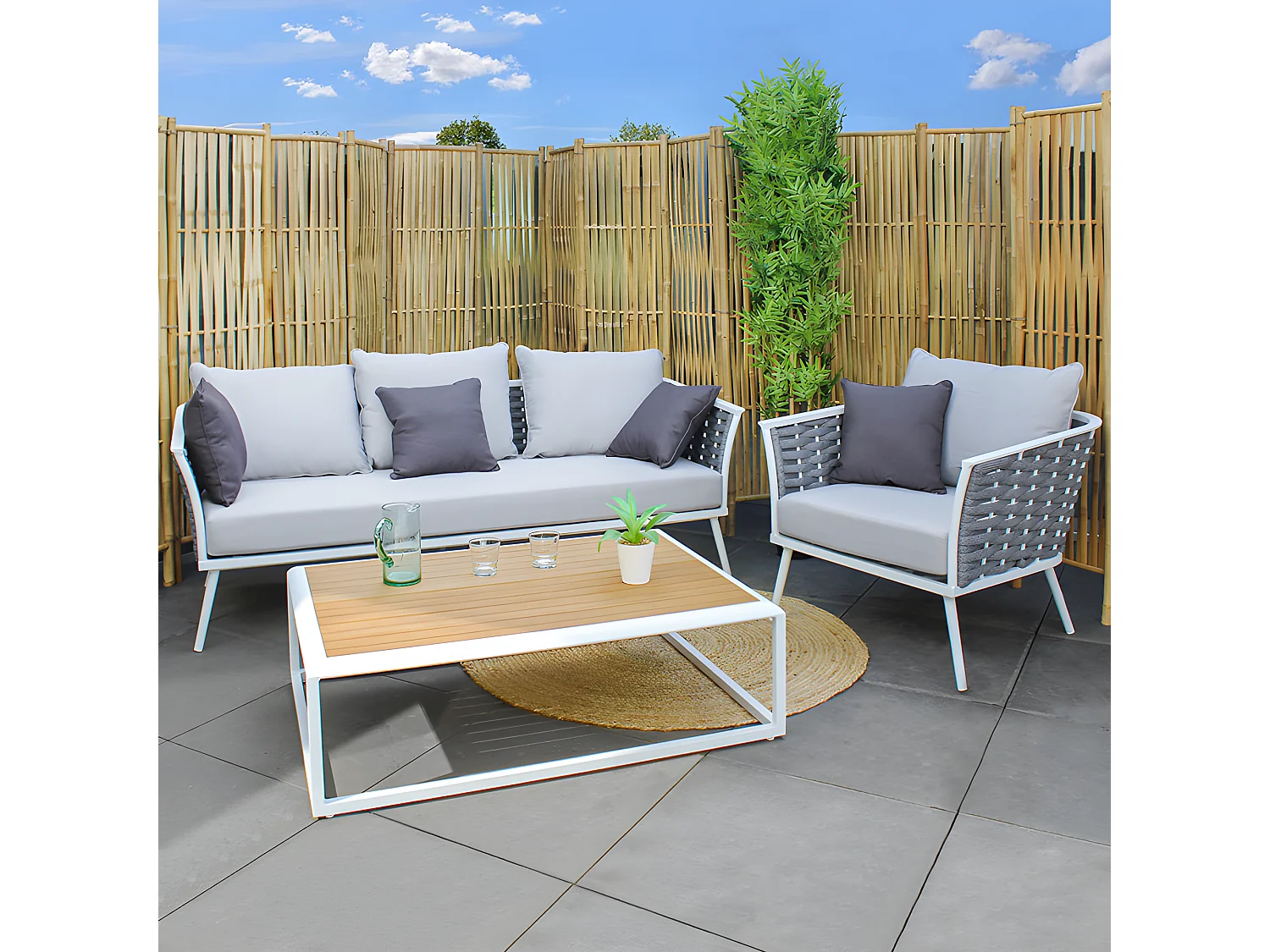 Canapé bas de jardin 3 places en aluminium blanc, tressage gris - RISE