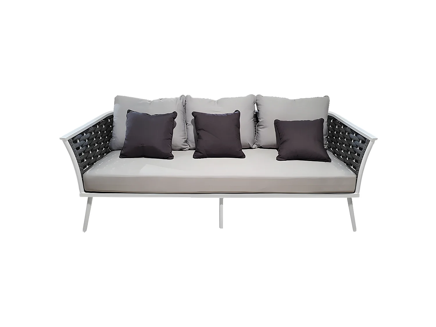 Canapé bas de jardin 3 places en aluminium blanc, tressage gris - RISE