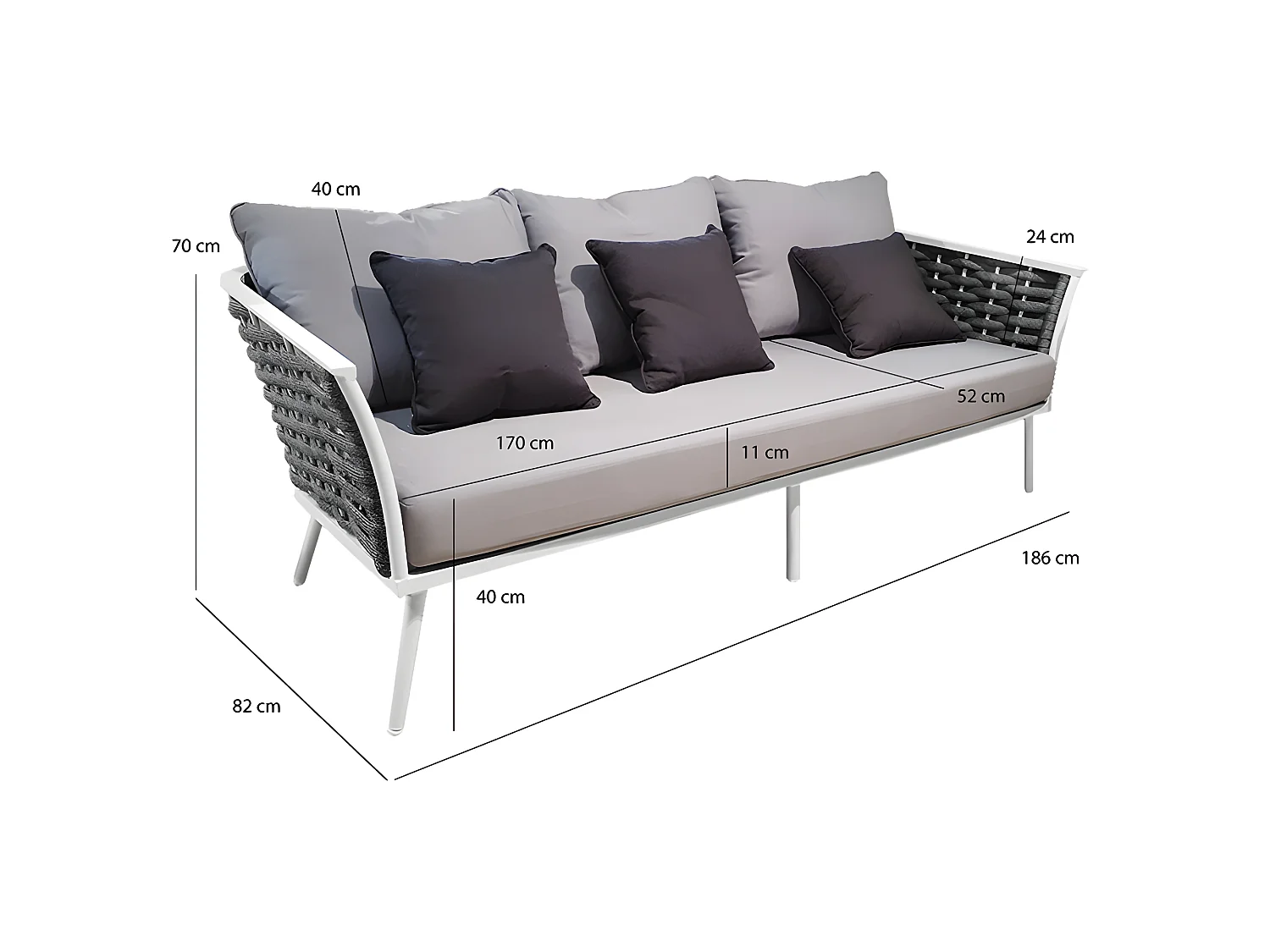 Canapé bas de jardin 3 places en aluminium blanc, tressage gris - RISE