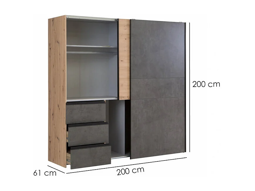 Armoire 200 cm 2 portes coulissantes 3 tiroirs décor bois béton - THOR