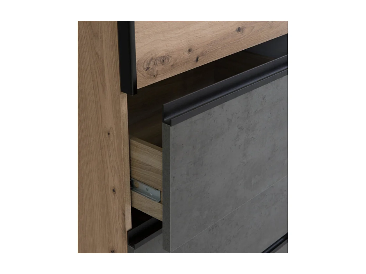 Armoire 200 cm 2 portes coulissantes 3 tiroirs décor bois béton - THOR