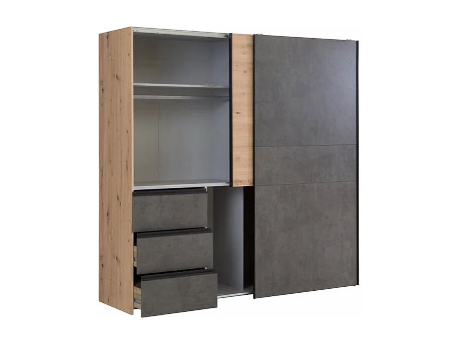 Armoire 200 cm 2 portes coulissantes 3 tiroirs décor bois béton - THOR