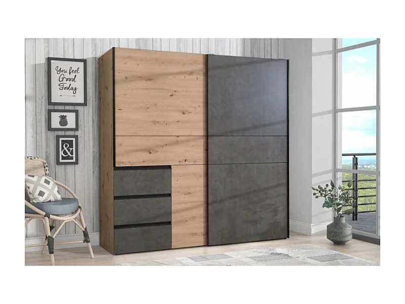 Armoire 200 cm 2 portes coulissantes 3 tiroirs décor bois béton - THOR