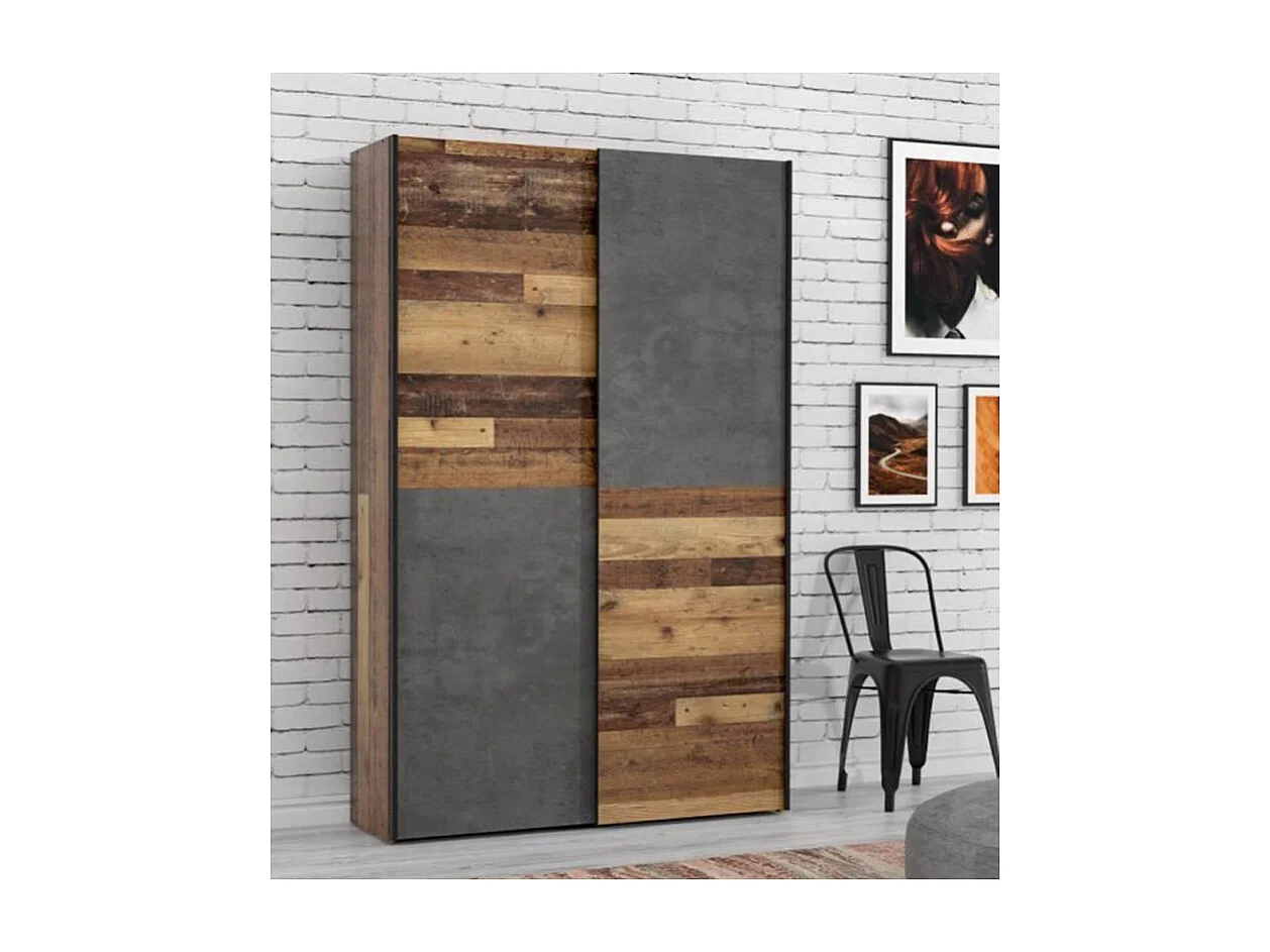 Armoire 120 cm 2 portes coulissantes décor bois vintage béton - MARSO