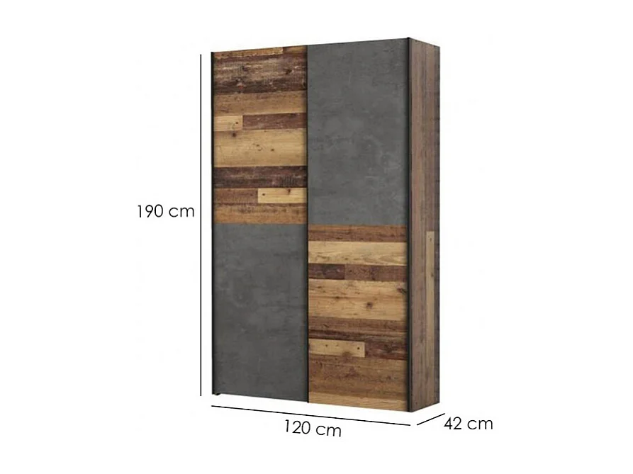 Armoire 120 cm 2 portes coulissantes décor bois vintage béton - MARSO