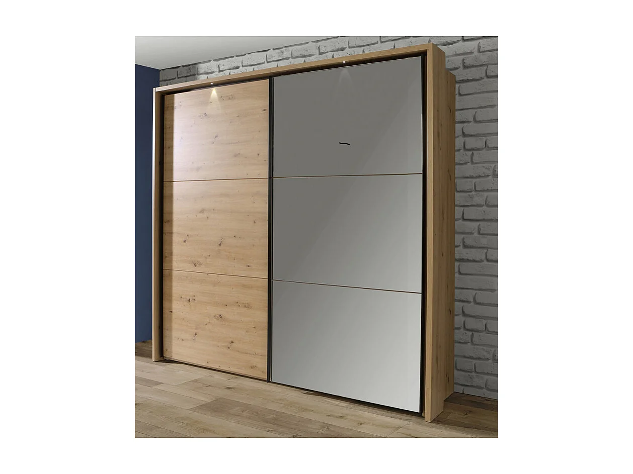Armoire 230 cm 2 portes coulissantes et miroir décor chêne - ALIA