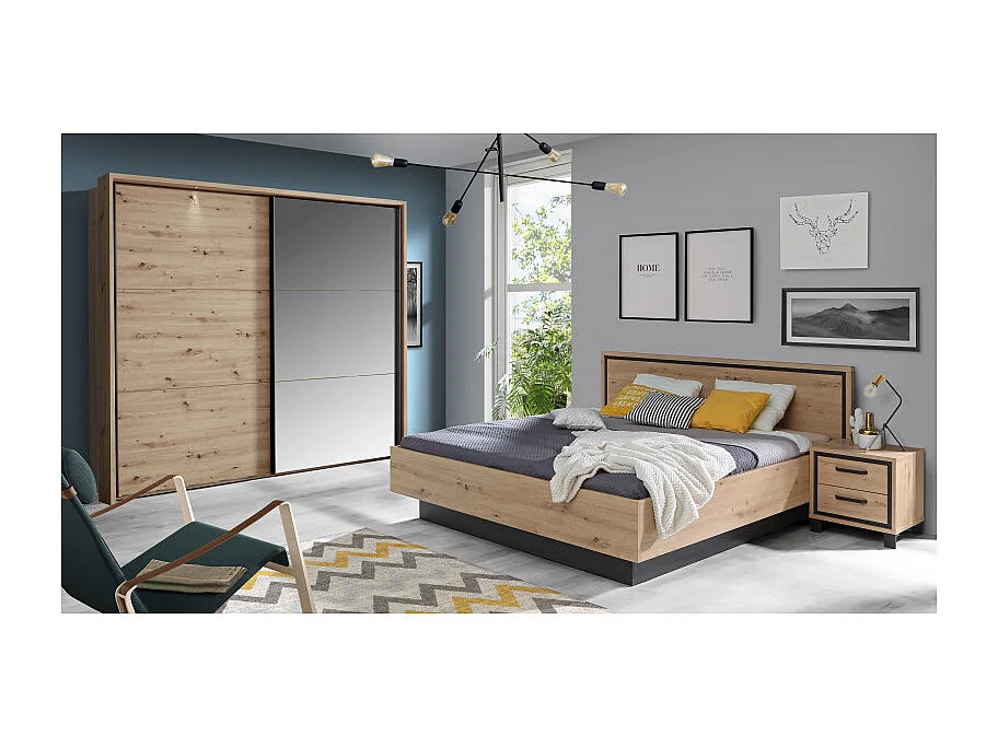 Armoire 230 cm 2 portes coulissantes et miroir décor chêne - ALIA