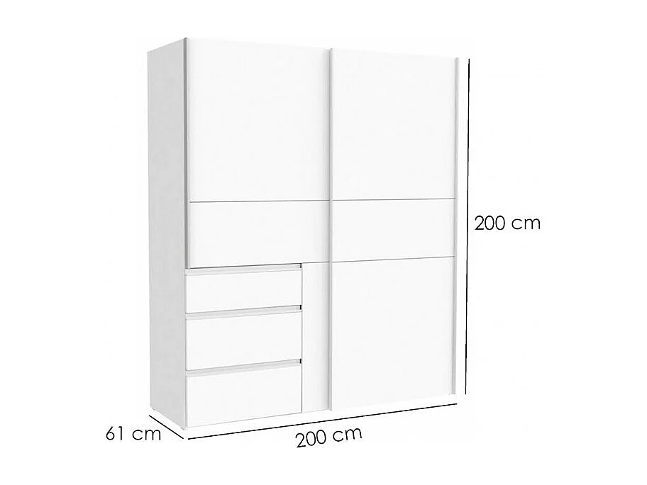 Armoire 200 cm 2 portes coulissantes 3 tiroirs décor blanc - THOR