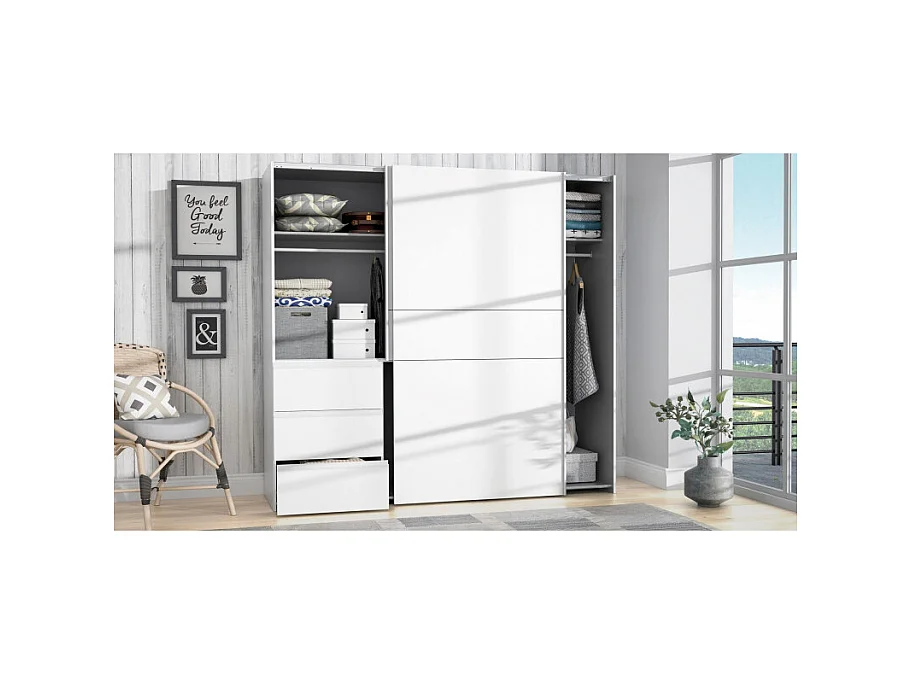 Armoire 170 cm 2 portes coulissantes 3 tiroirs décor blanc - THOR