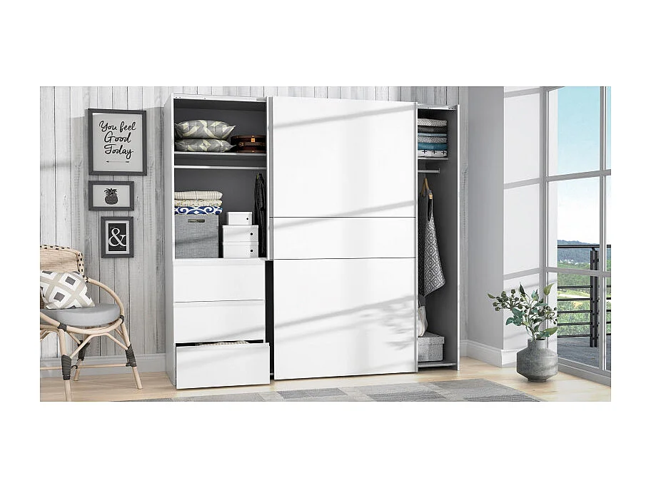 Armoire 170 cm 2 portes coulissantes 3 tiroirs décor blanc - THOR