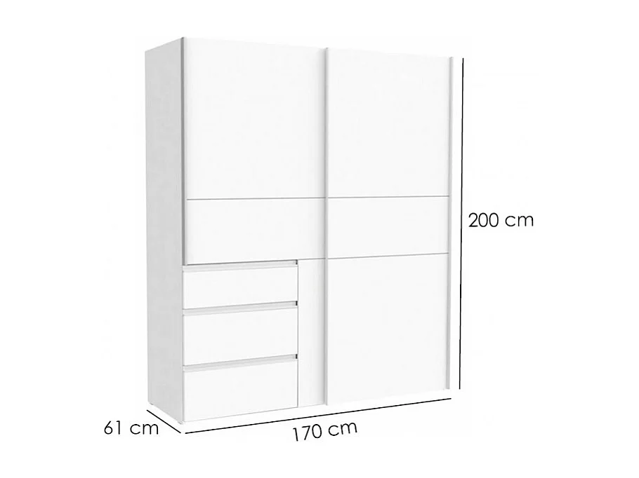 Armoire 170 cm 2 portes coulissantes 3 tiroirs décor blanc - THOR