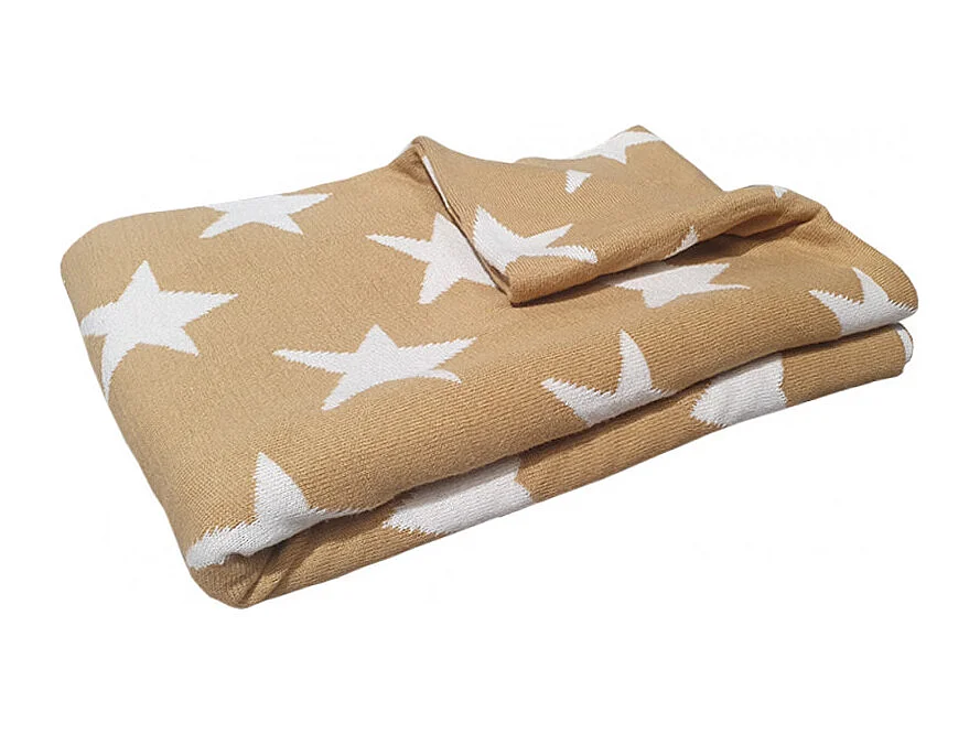 Plaid réversible coton beige, motif étoiles 100 x 150 cm - EDITH 6804