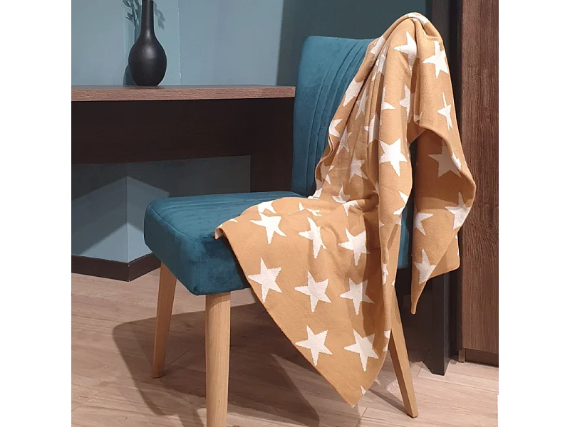 Plaid réversible coton beige, motif étoiles 100 x 150 cm - EDITH 6804