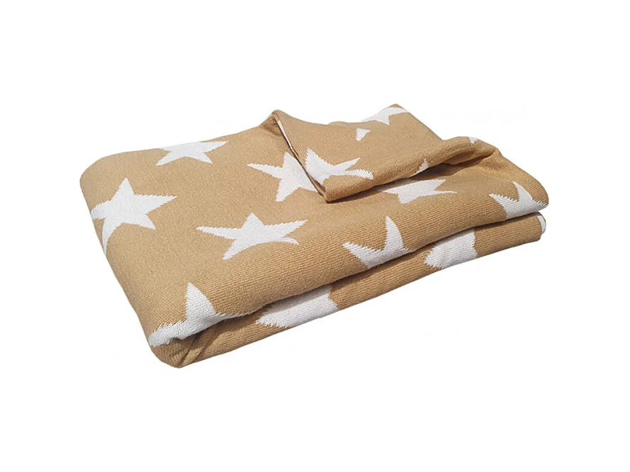 Plaid réversible coton beige, motif étoiles 100 x 150 cm - EDITH 6804