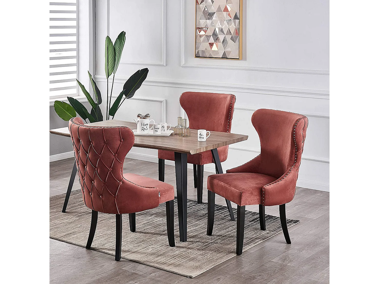 MAYFAIR - Chaise Capitonnée Velours - Style Contemporain - Pieds en Bois - Rose