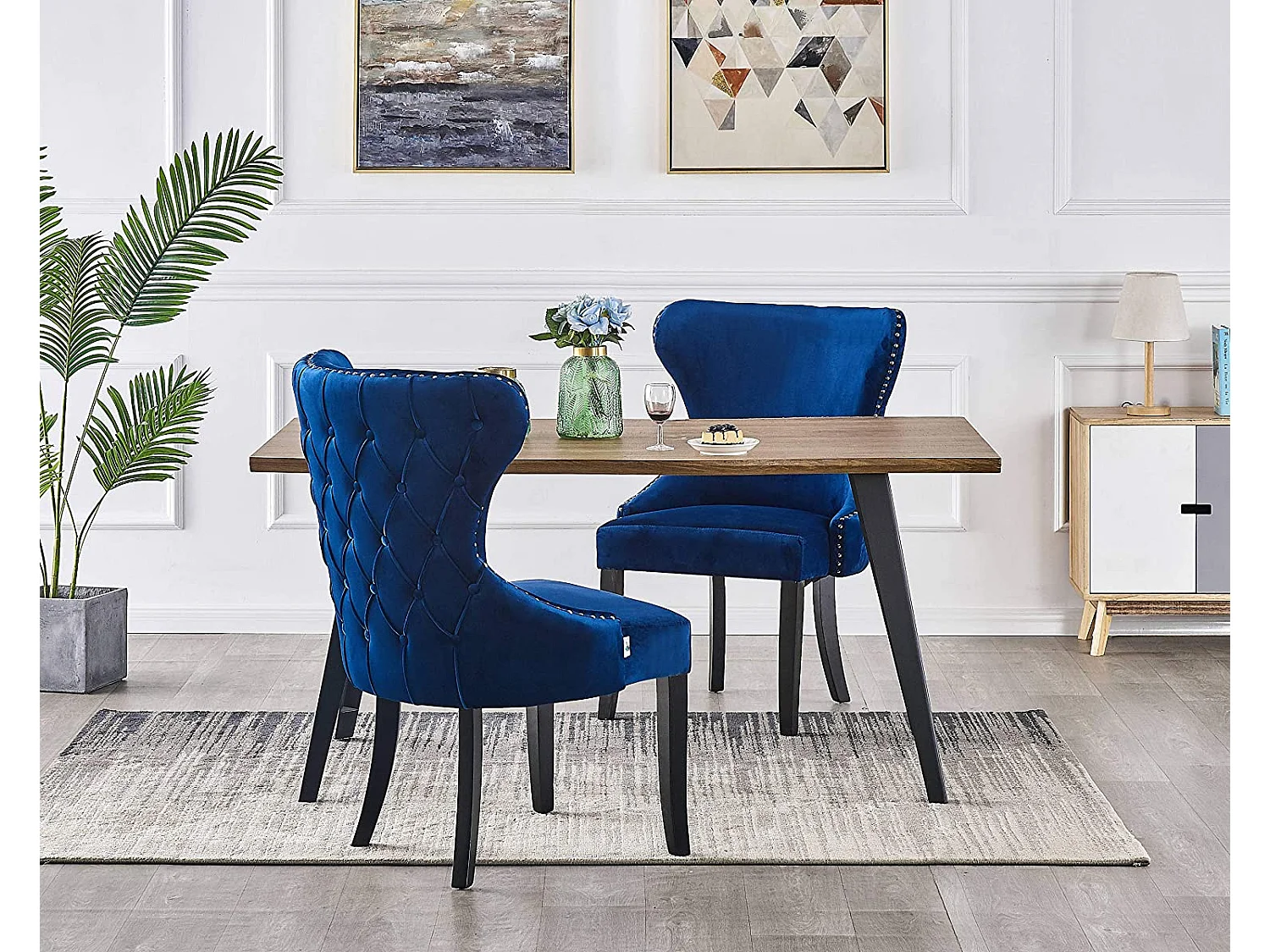 MAYFAIR - Chaise Capitonnée Velours - Style Contemporain - Pieds en Bois - Bleu