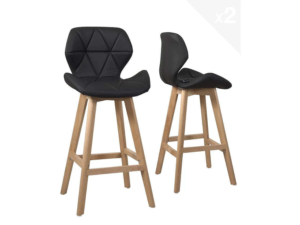 Lot 2 chaises de bar scandinaves 67cm simili cuir matelassé pieds bois FATA (noir)