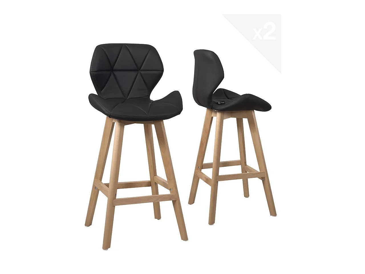 Lot 2 chaises de bar scandinaves 67cm simili cuir matelassé pieds bois FATA (noir)