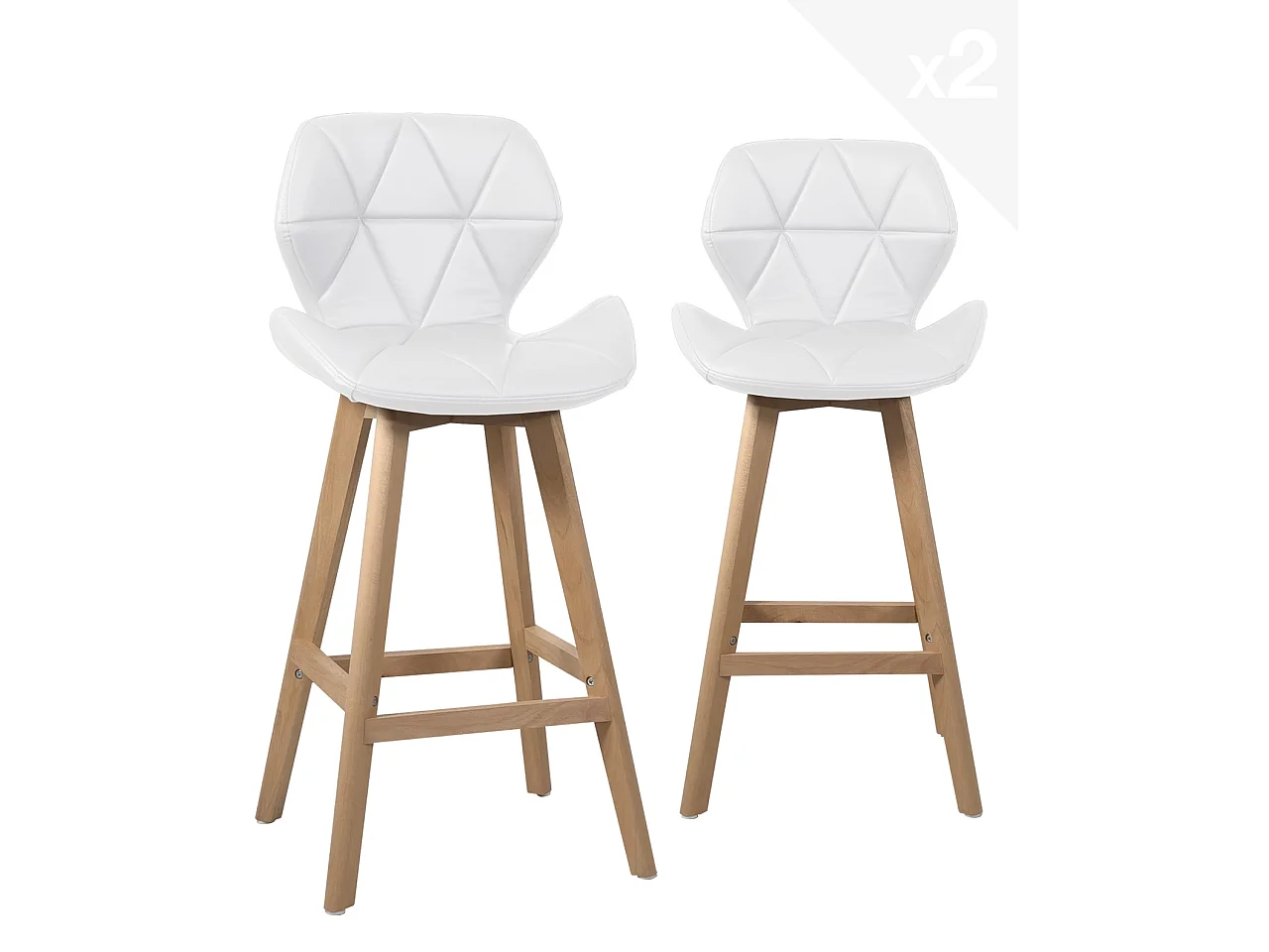 Lot 2 chaises de bar scandinaves 67cm simili cuir matelassé pieds bois FATA (blanc)
