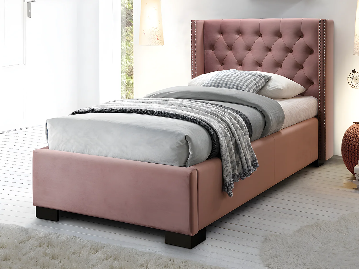 Cama MASSIMO con cabecero capitoné - 90 x 200 cm - Terciopelo rosa + colchón
