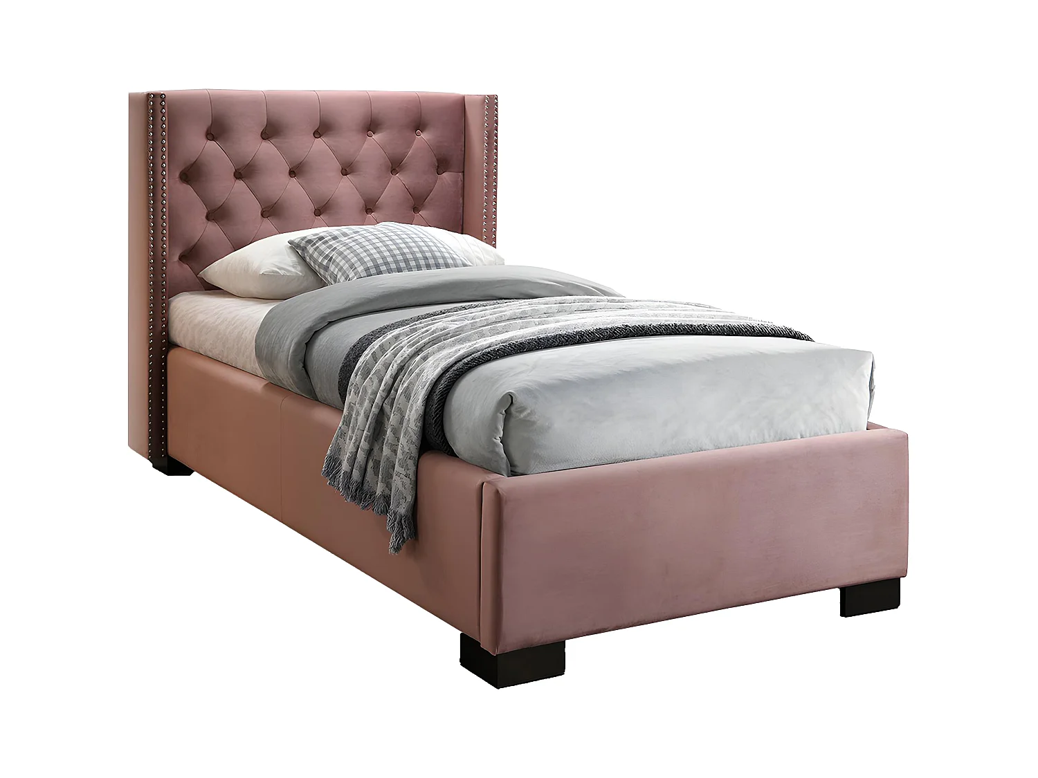 Lit avec tête de lit capitonnée - 90 x 200 cm - Velours rose + matelas - MASSIMO II