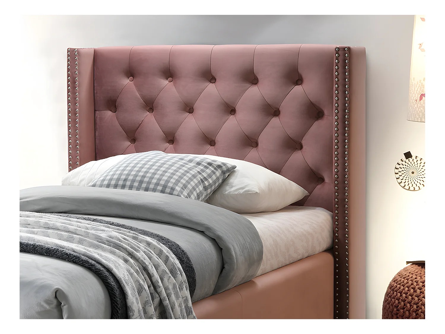 Lit avec tête de lit capitonnée - 90 x 200 cm - Velours rose + matelas - MASSIMO II