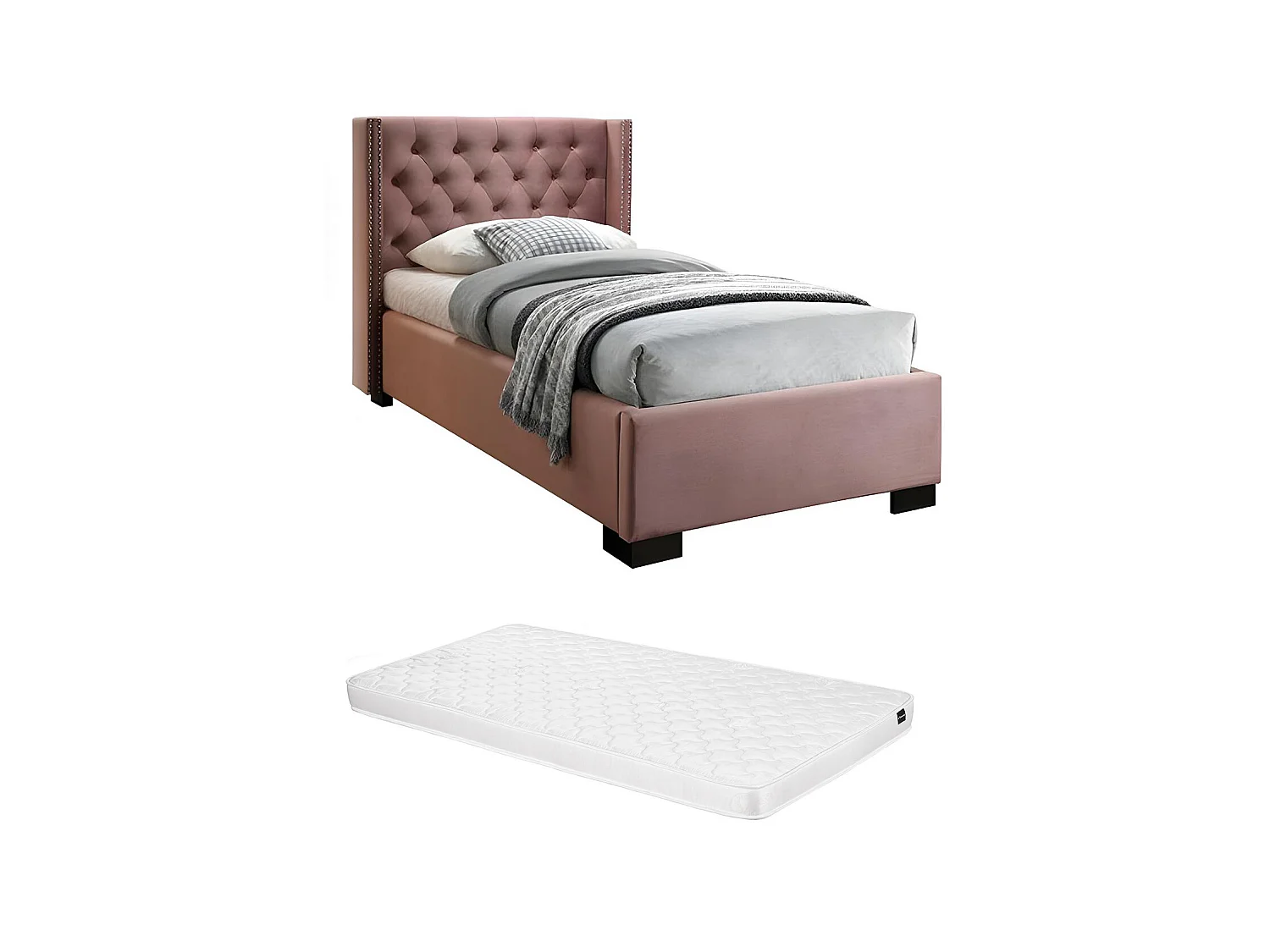 Lit avec tête de lit capitonnée - 90 x 200 cm - Velours rose + matelas - MASSIMO II