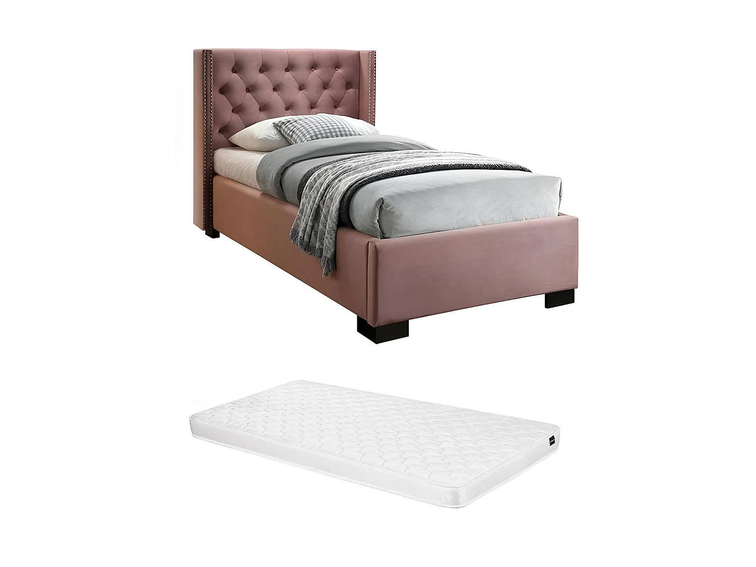 Lit avec tête de lit capitonnée - 90 x 200 cm - Velours rose + matelas - MASSIMO II