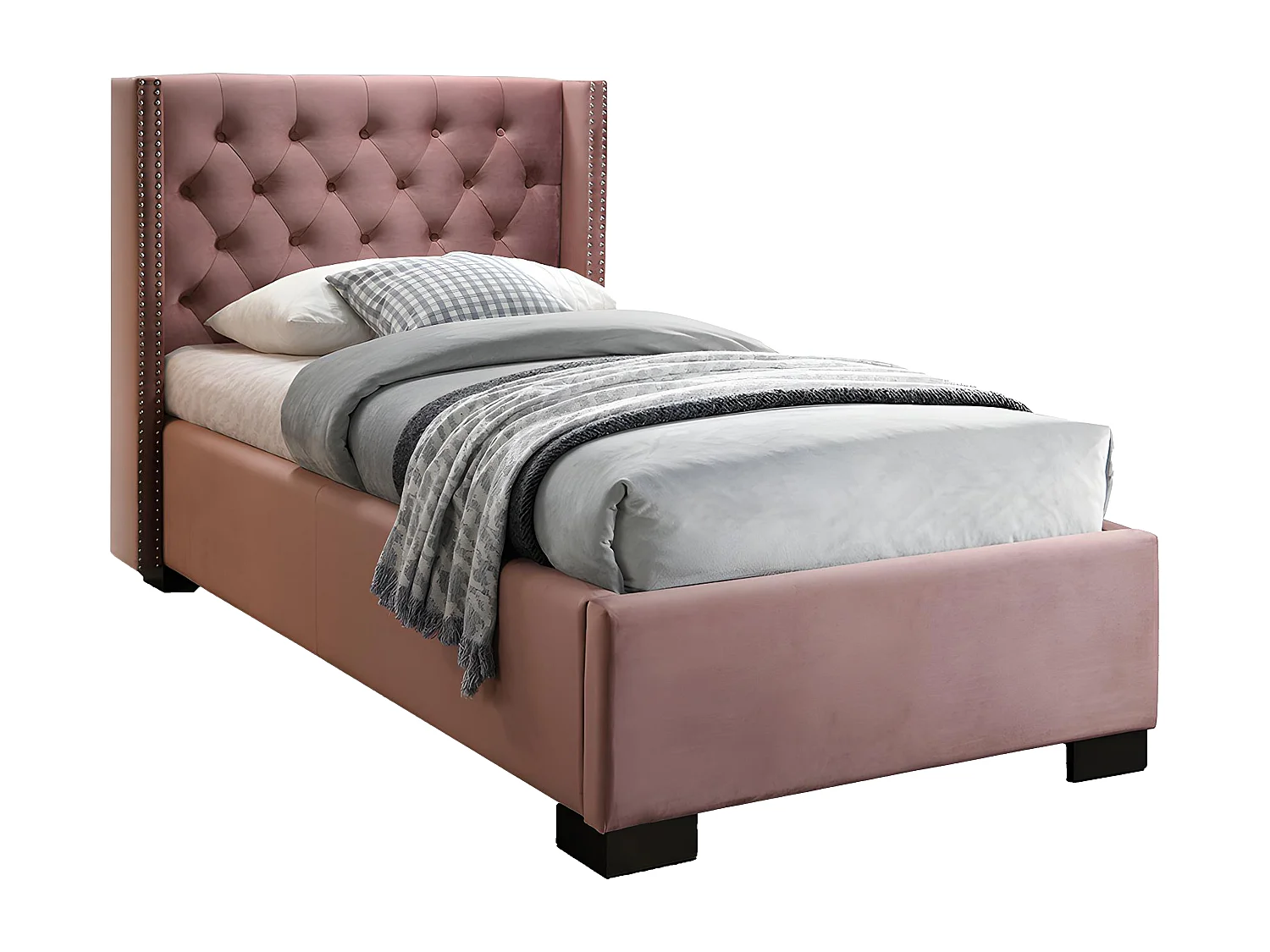 Lit avec tête de lit capitonnée - 90 x 200 cm - Velours rose + matelas - MASSIMO II