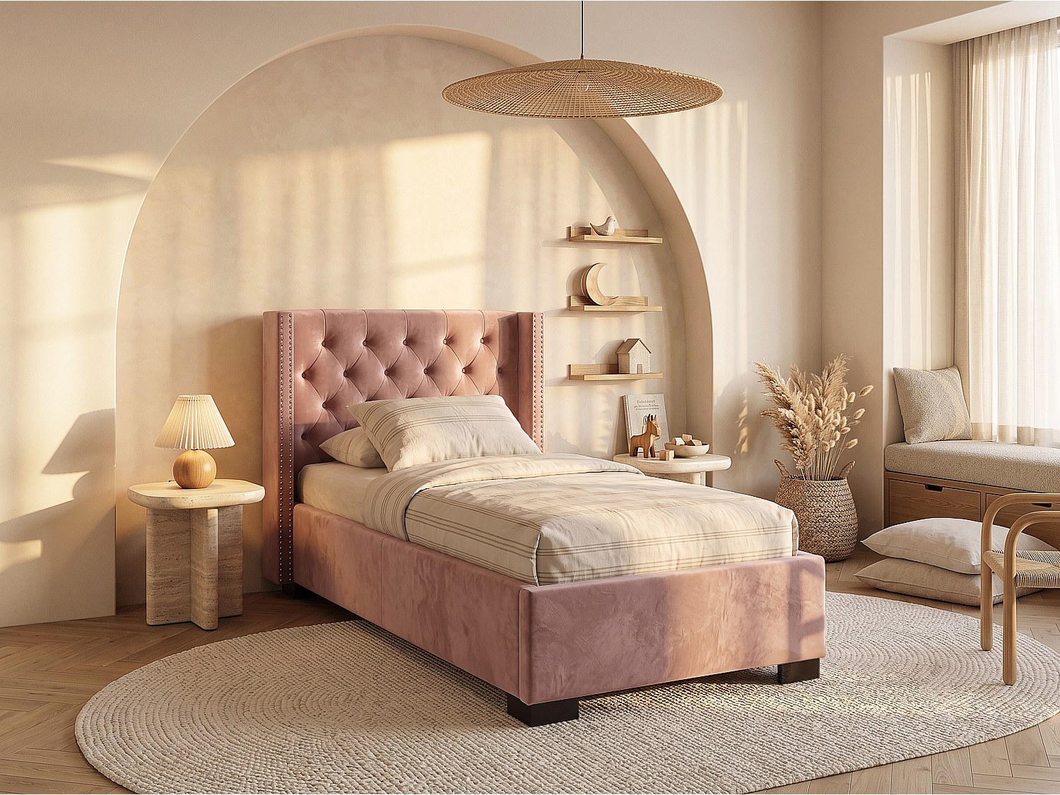 Vente-unique Polsterbett + Matratze - 90 X 200 Cm - Samt - Rosa - Massimo
