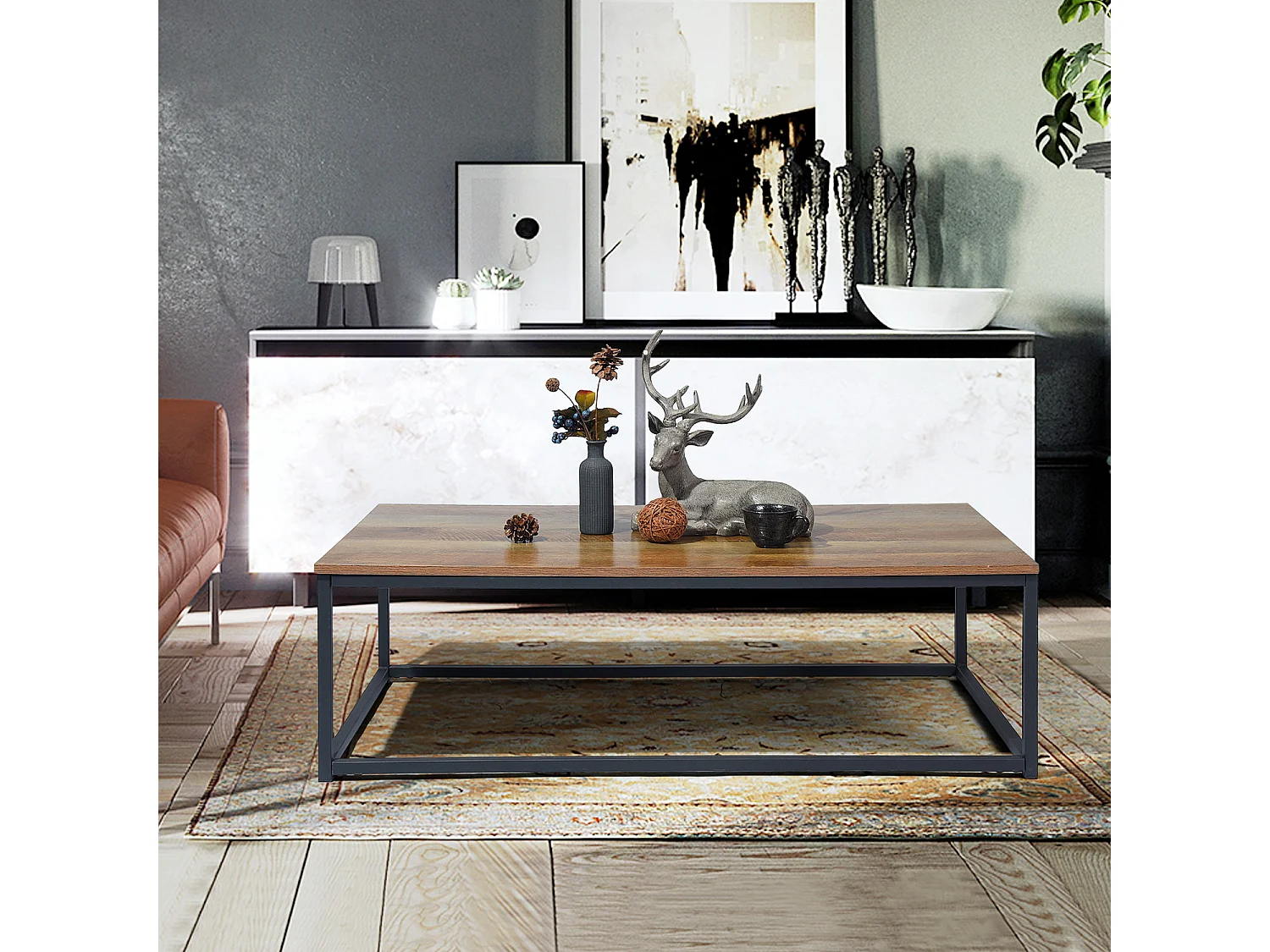 Table basse rectangulaire style industriel métal et bois FACTO COFFEE TABLE DARK WOOD B