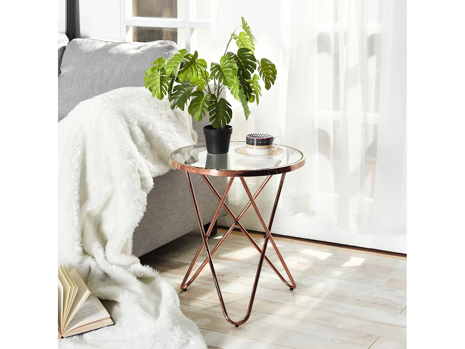 Tavolino rotondo in vetro temperato gambe in metallo oro rosa CANALES PICCOLA GAMBA ORO