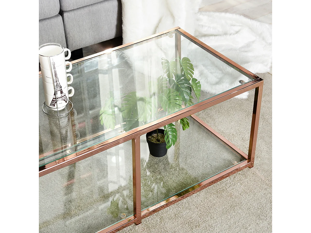 Table basse salon en verre et en métal rose JUSTIN GOLD LEG