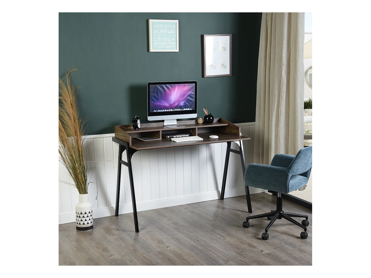 Bureau d'ordinateur avec rangement en bois et métal noyer BOOKER