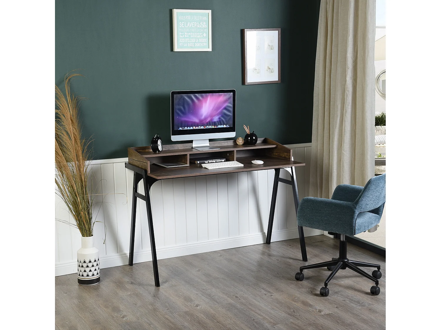 Bureau d'ordinateur avec rangement en bois et métal noyer BOOKER