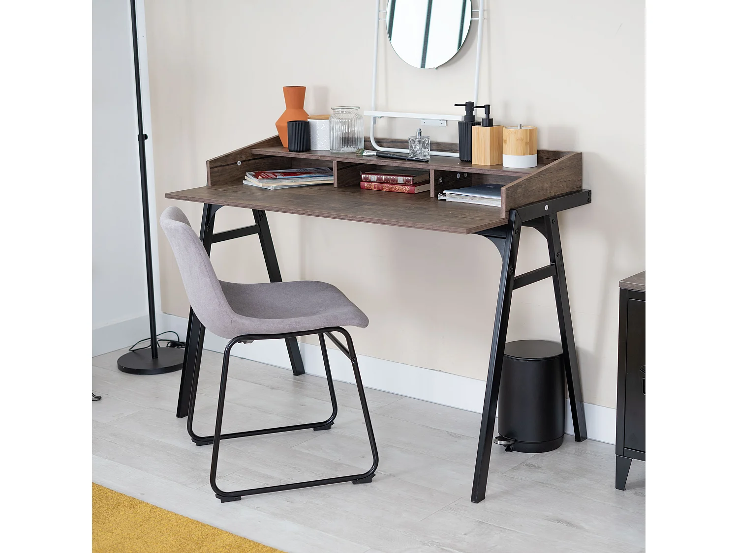 Bureau d'ordinateur avec rangement en bois et métal noyer BOOKER