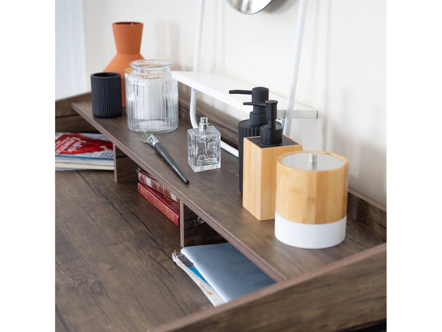 Bureau d'ordinateur avec rangement en bois et métal noyer BOOKER