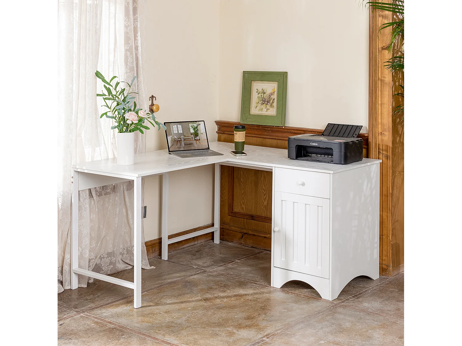 Bureau d'angle en bois de blanc avec étagère intégrée ordinateur/pc IRELAN