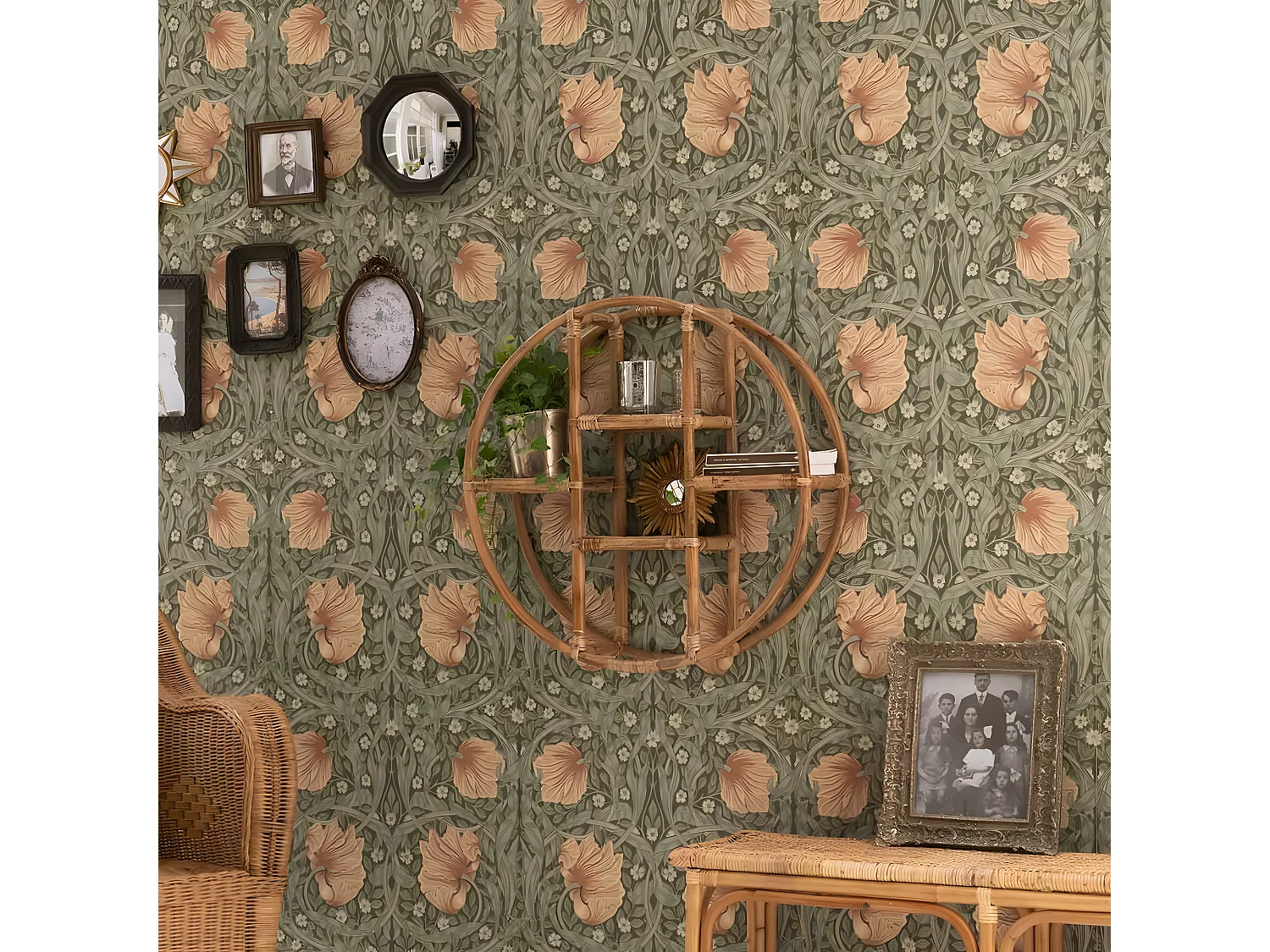 Etagère murale ronde rotin vintage