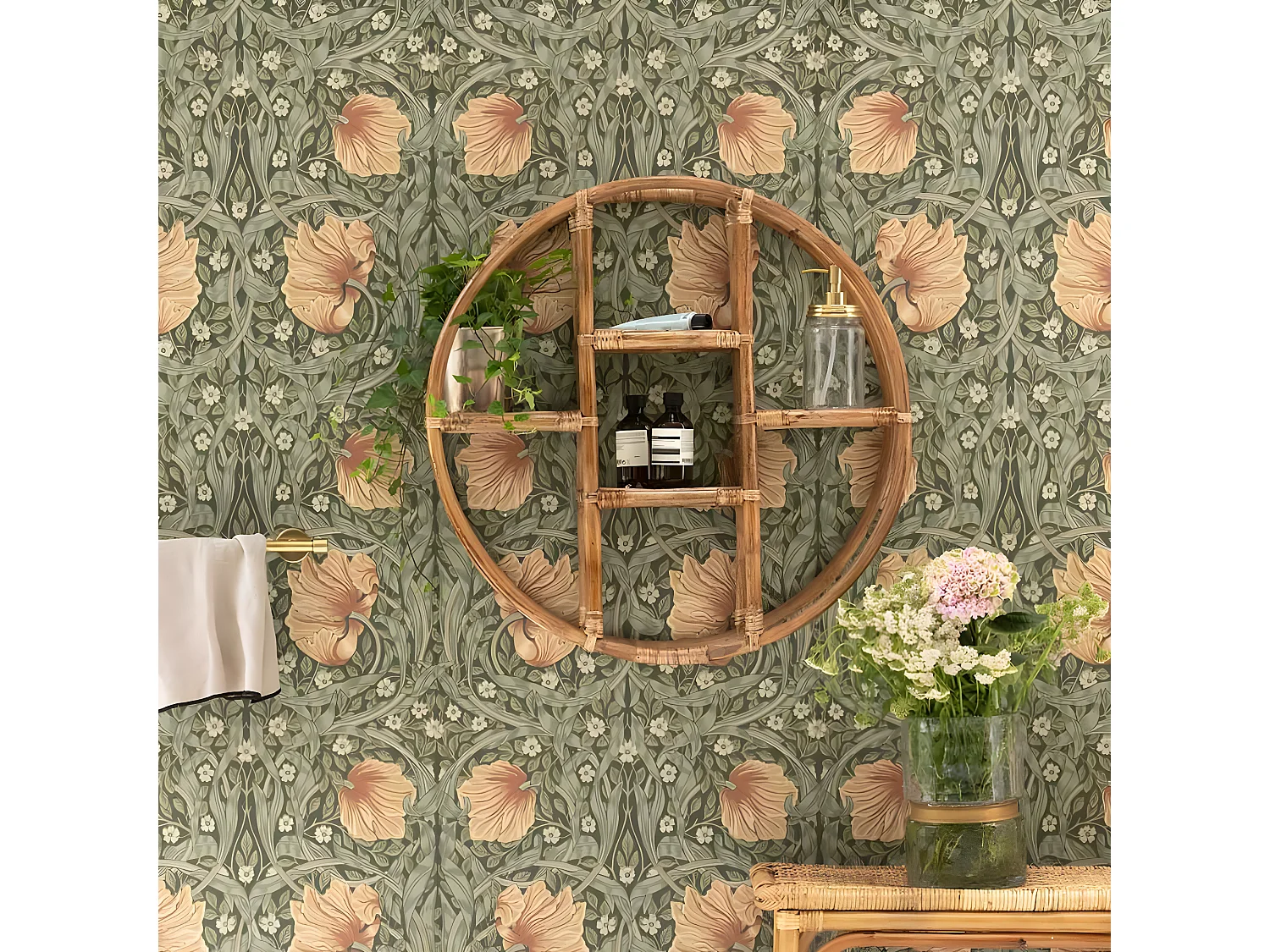 Etagère murale ronde rotin vintage