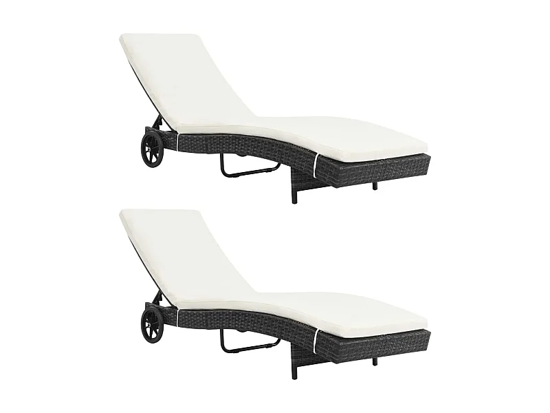 Chaises longues 2pcs avec roues et coussins Résine tressée Noir