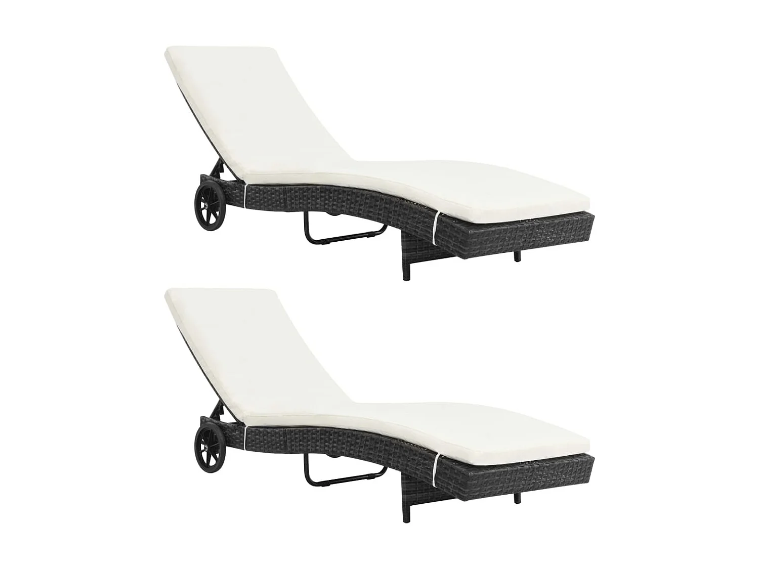 Chaises longues 2pcs avec roues et coussins Résine tressée Noir