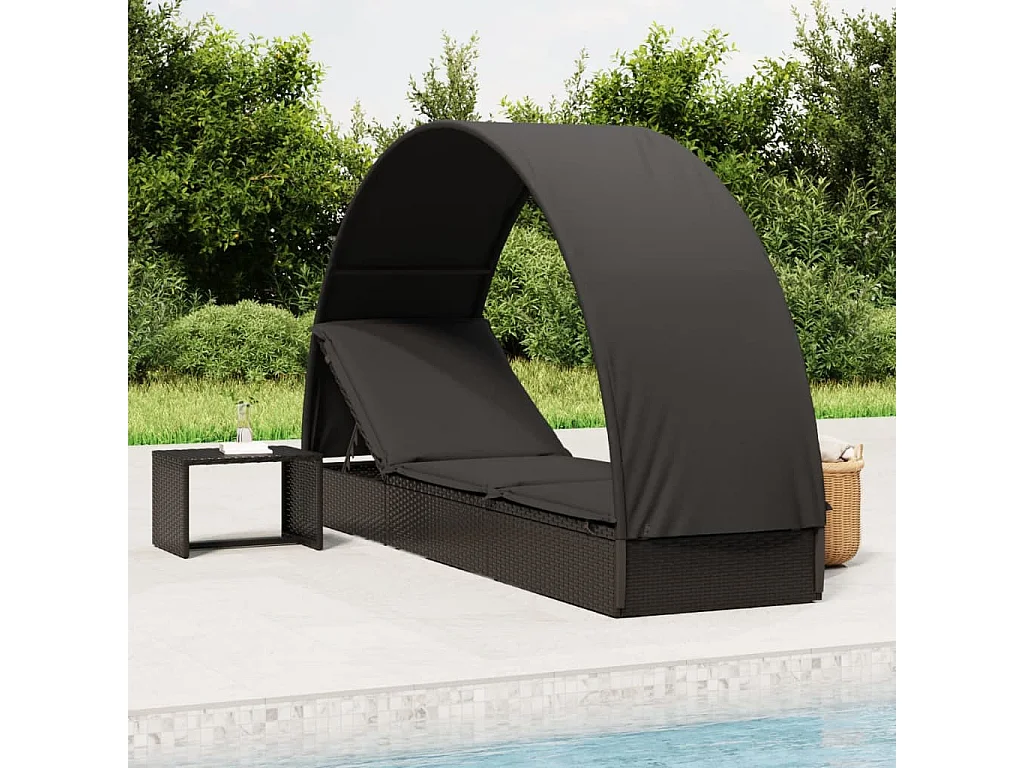 Chaise longue avec toit rond noir 211x57x140 cm résine tressée