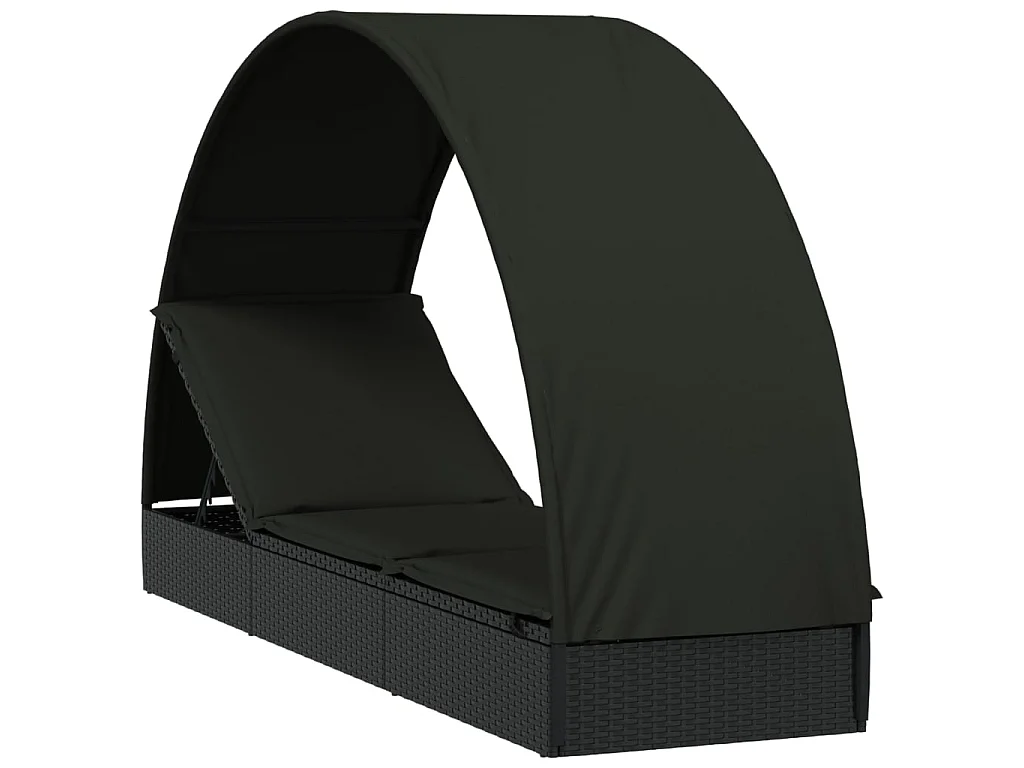 Chaise longue avec toit rond noir 211x57x140 cm résine tressée