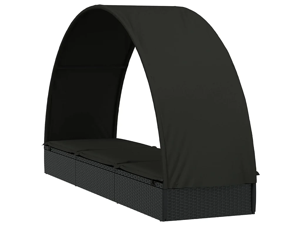 Chaise longue avec toit rond noir 211x57x140 cm résine tressée