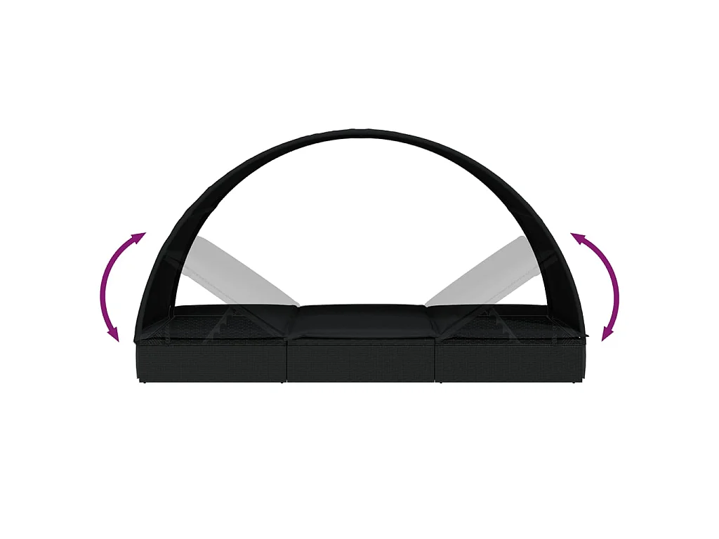 Chaise longue avec toit rond noir 211x57x140 cm résine tressée